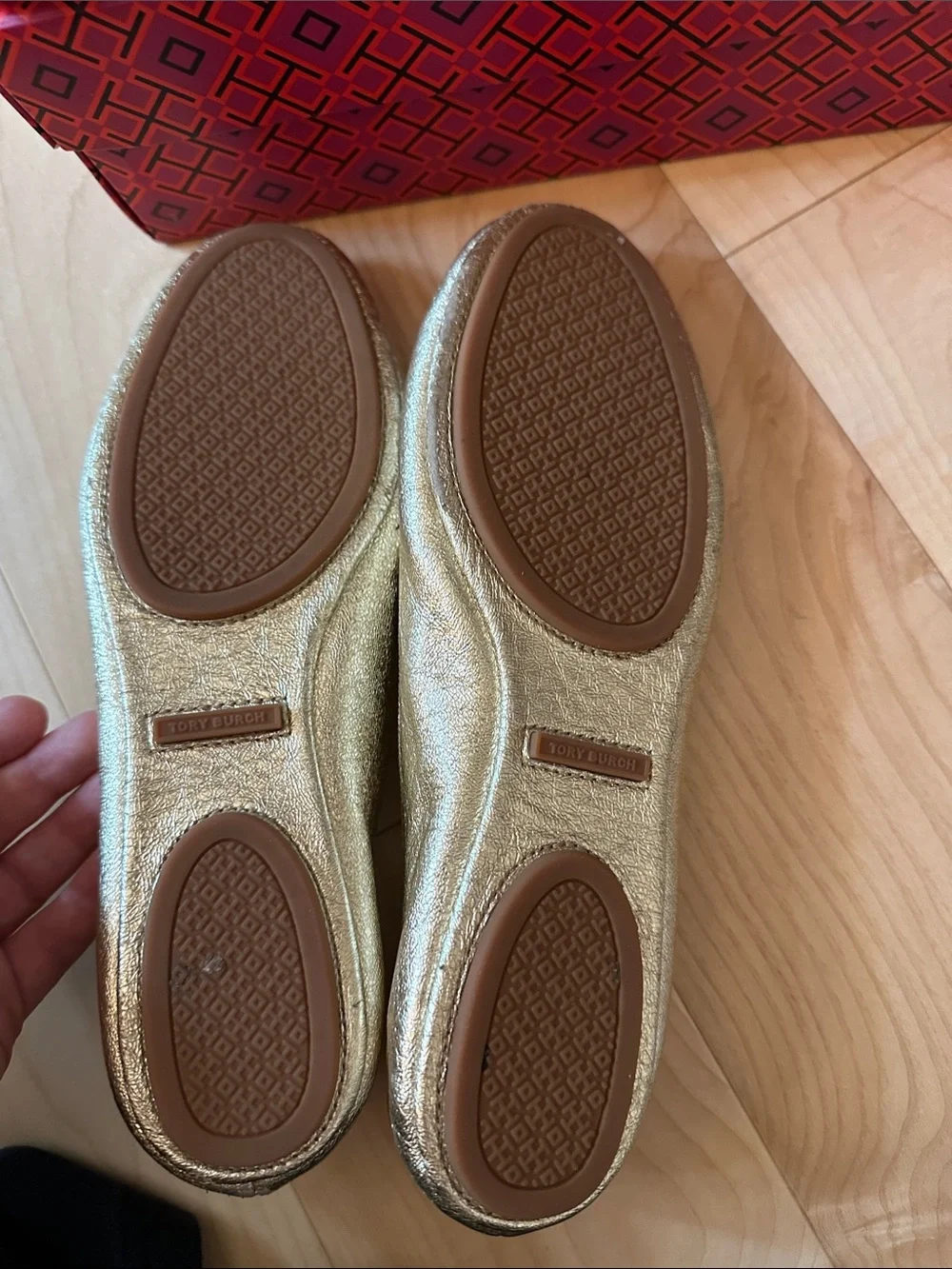 Tory Burch Metallic Gold Leather Logo Ballet Flats